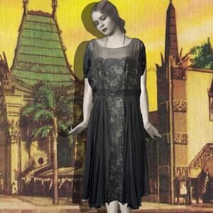 1950’s Black Silk Chiffon Illusion Cocktail Party Dress Bullocks Wilshire Sz M